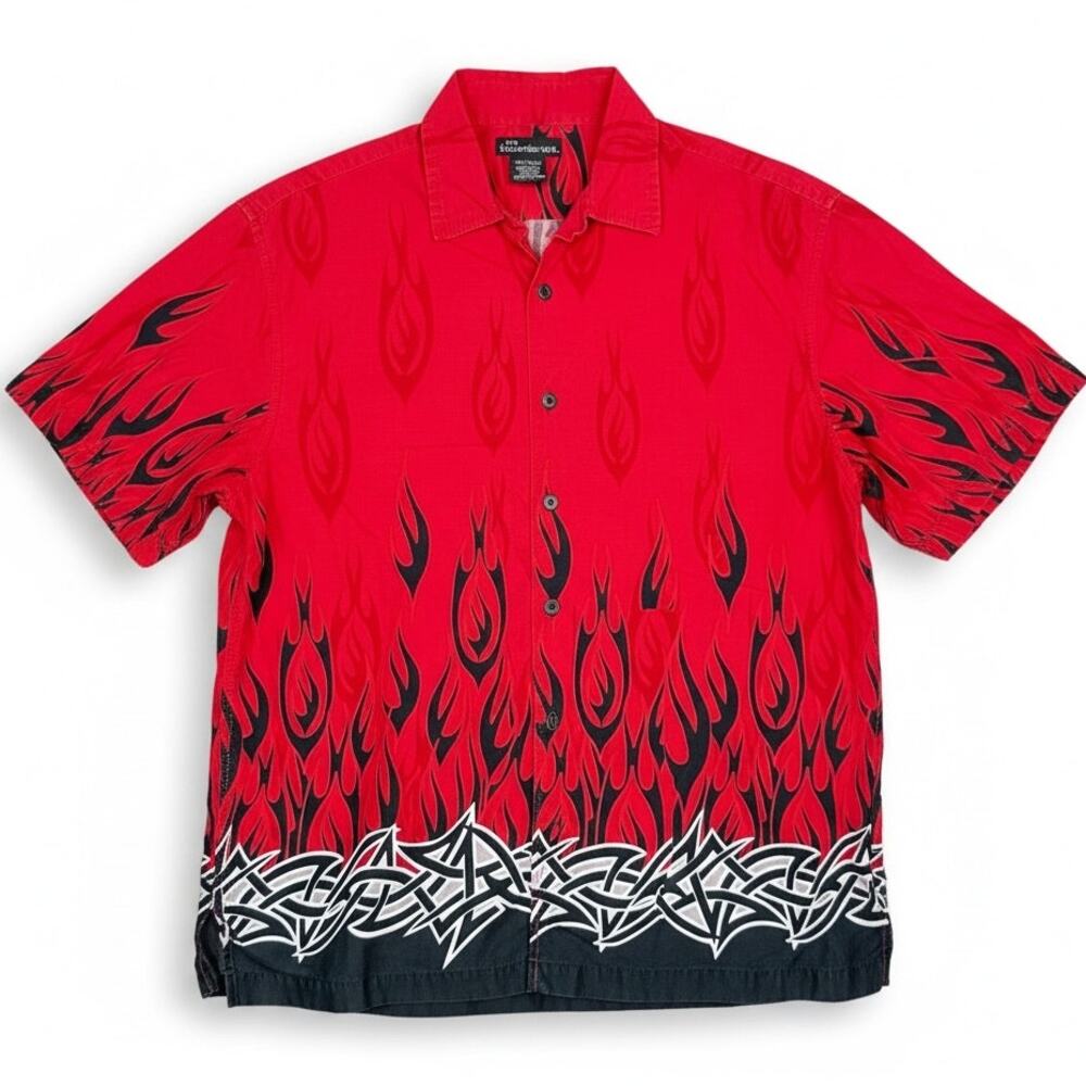 Vintage Y2K No Boundaries Flame Shirt Mens Medium Red Black Button Up Flaming
